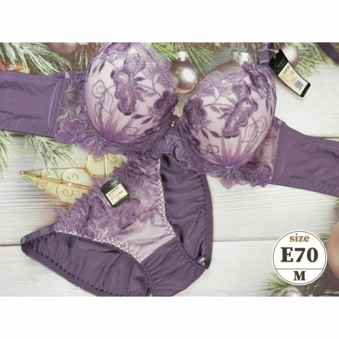 c013 E70/M 脇高ブラ＆ショーツセット 下着 紫系 リーフ刺繍 レディースの下着/アンダーウェア(ブラ&ショーツセット)の商品写真