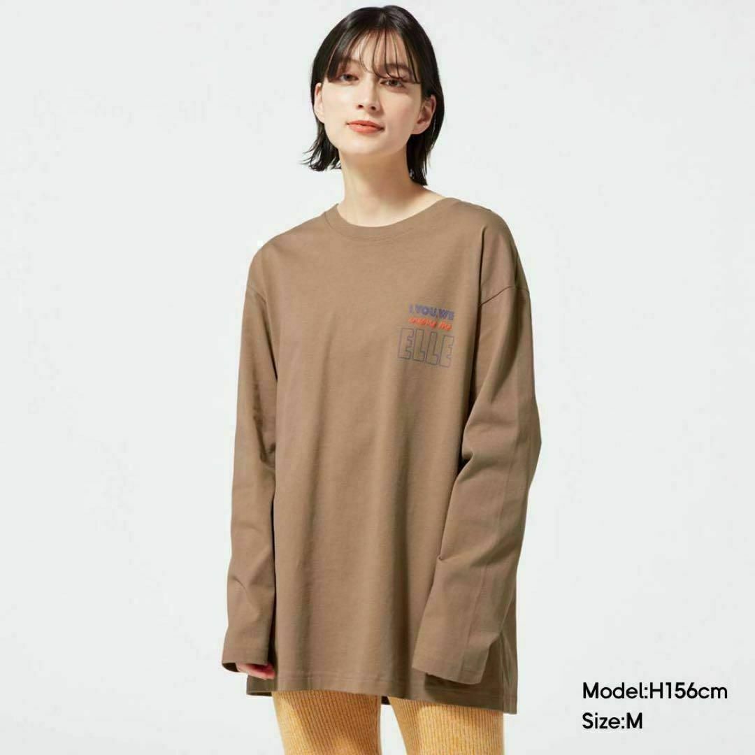 GU(ジーユー)の新品 GU×ELLE コラボ 猫柄英字グラフィック長袖ロングTシャツ 綿100% レディースのトップス(Tシャツ(長袖/七分))の商品写真