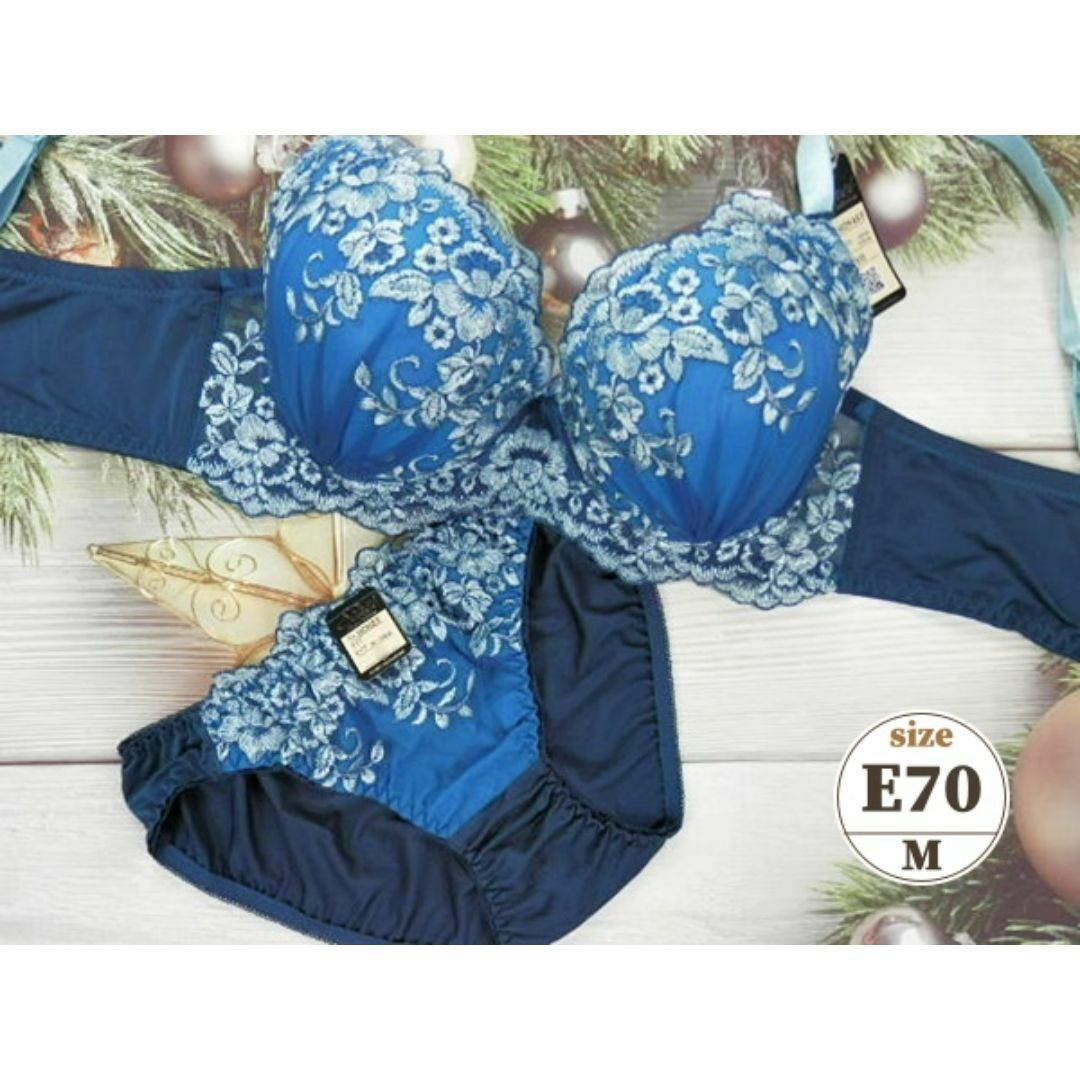 c014 E70/M 脇高ブラ＆ショーツセット 下着 青系 花刺繍 レディースの下着/アンダーウェア(ブラ&ショーツセット)の商品写真