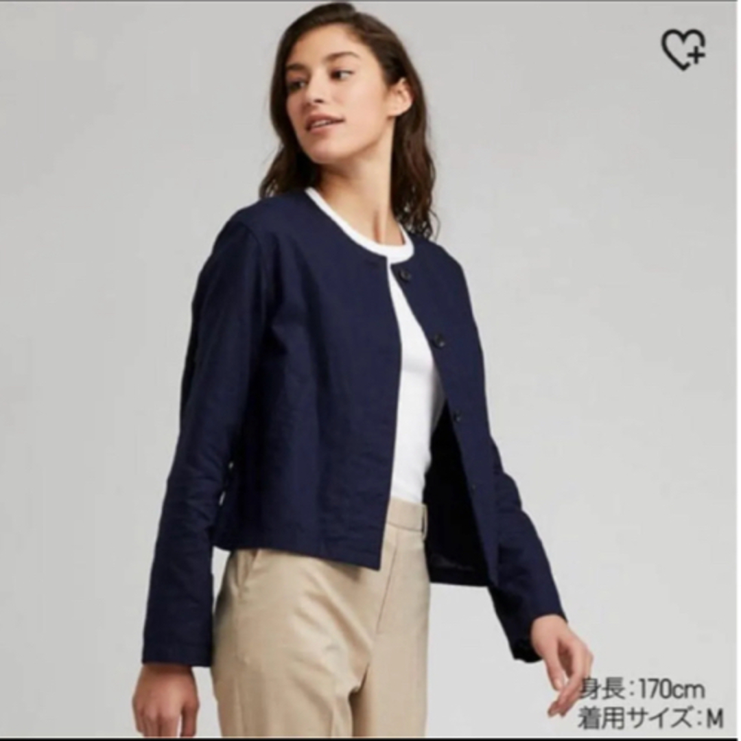 UNIQLO(ユニクロ)のUNIQLO ノーカラー　ジャケット　リネン　濃紺　羽織 レディースのジャケット/アウター(ノーカラージャケット)の商品写真