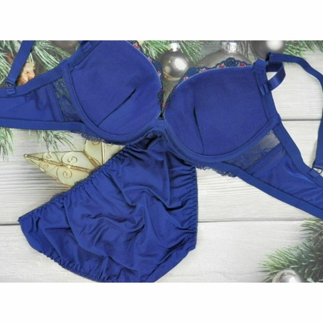 c017 E70/M ブラ＆ショーツセット 下着 青系 ローズ刺繍 レディースの下着/アンダーウェア(ブラ&ショーツセット)の商品写真