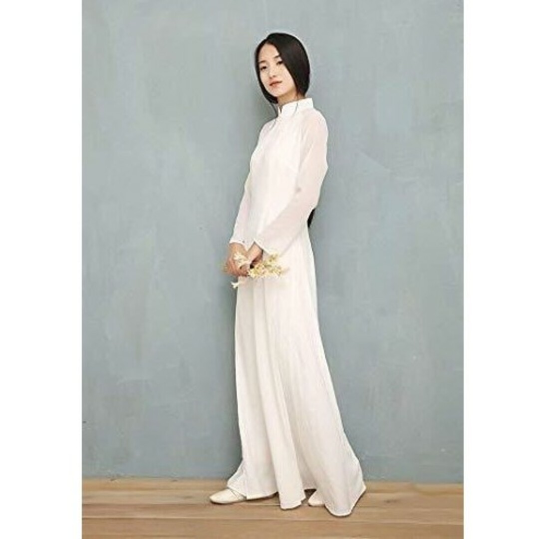 民族衣装 アオザイ風ワンピース 白色 上下一体化ドレス エスニックファッション レディースのワンピース(ロングワンピース/マキシワンピース)の商品写真