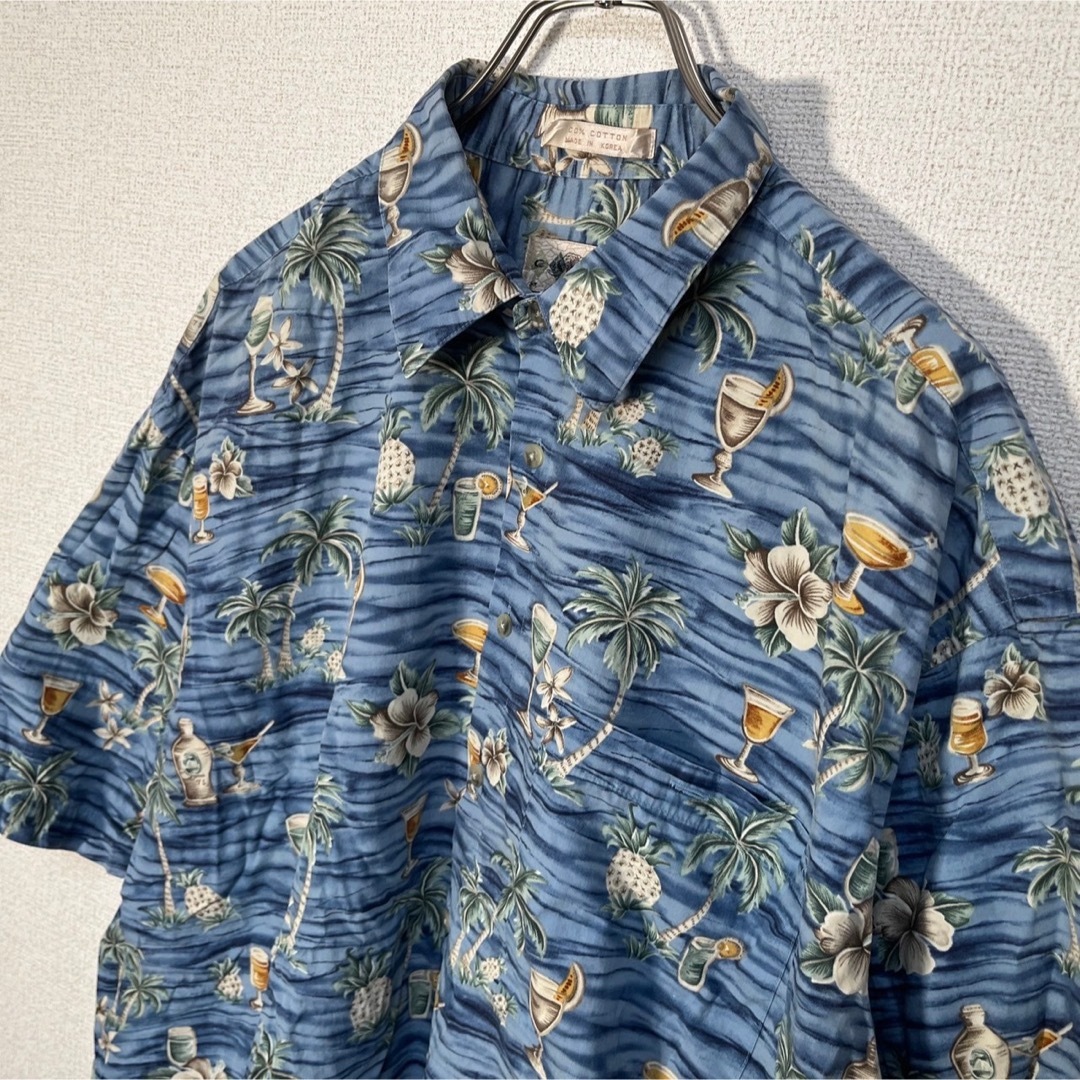  【アロハシャツ】半袖柄シャツ　カクテル　総柄　花柄　ブルー　ヤシの木47 メンズのトップス(シャツ)の商品写真