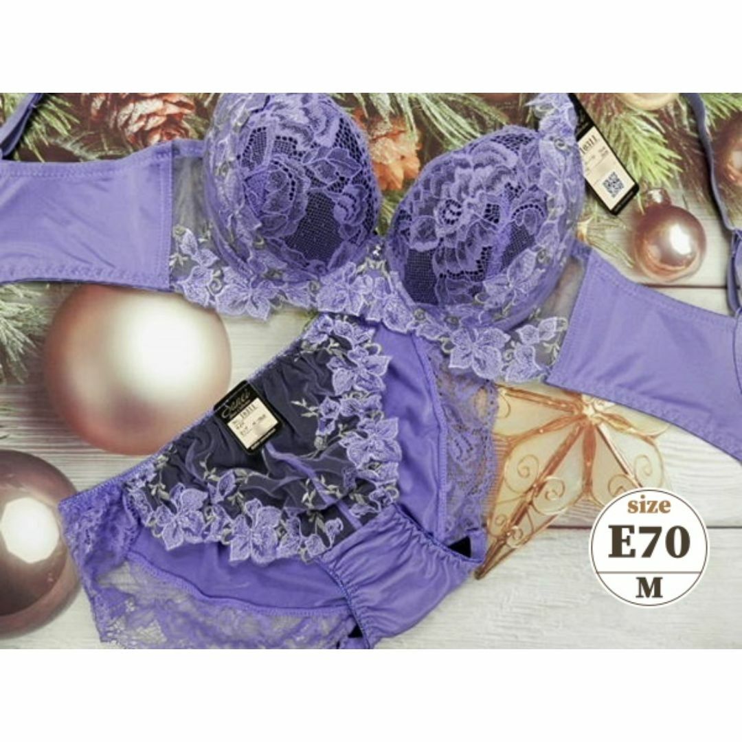 c019 E70/M 脇高ブラ＆ショーツセット 下着 紫 すみれ刺繍 レディースの下着/アンダーウェア(ブラ&ショーツセット)の商品写真