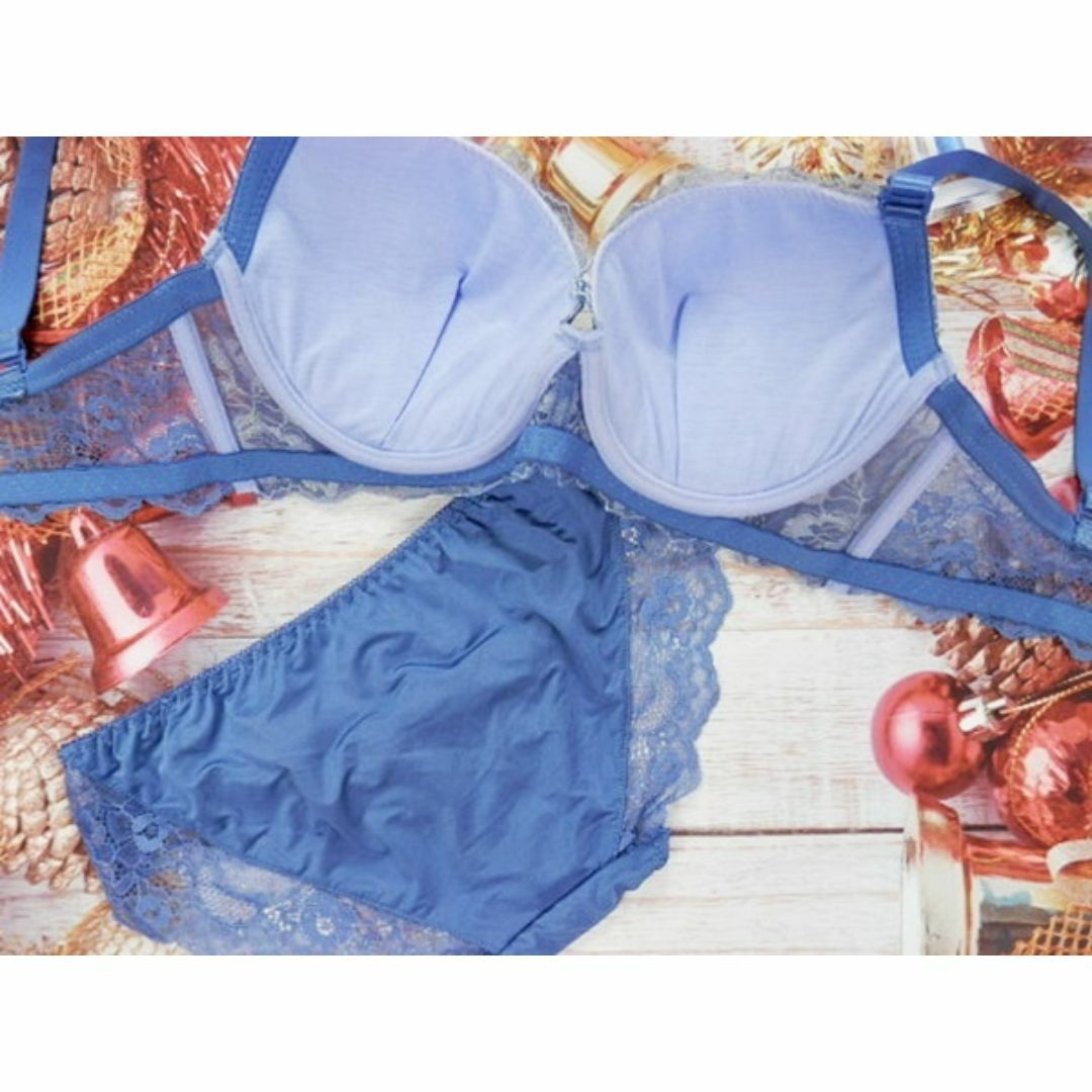 c020 F70/M ブラ＆ショーツセット 下着 青系 ローズ刺繍 レディースの下着/アンダーウェア(ブラ&ショーツセット)の商品写真
