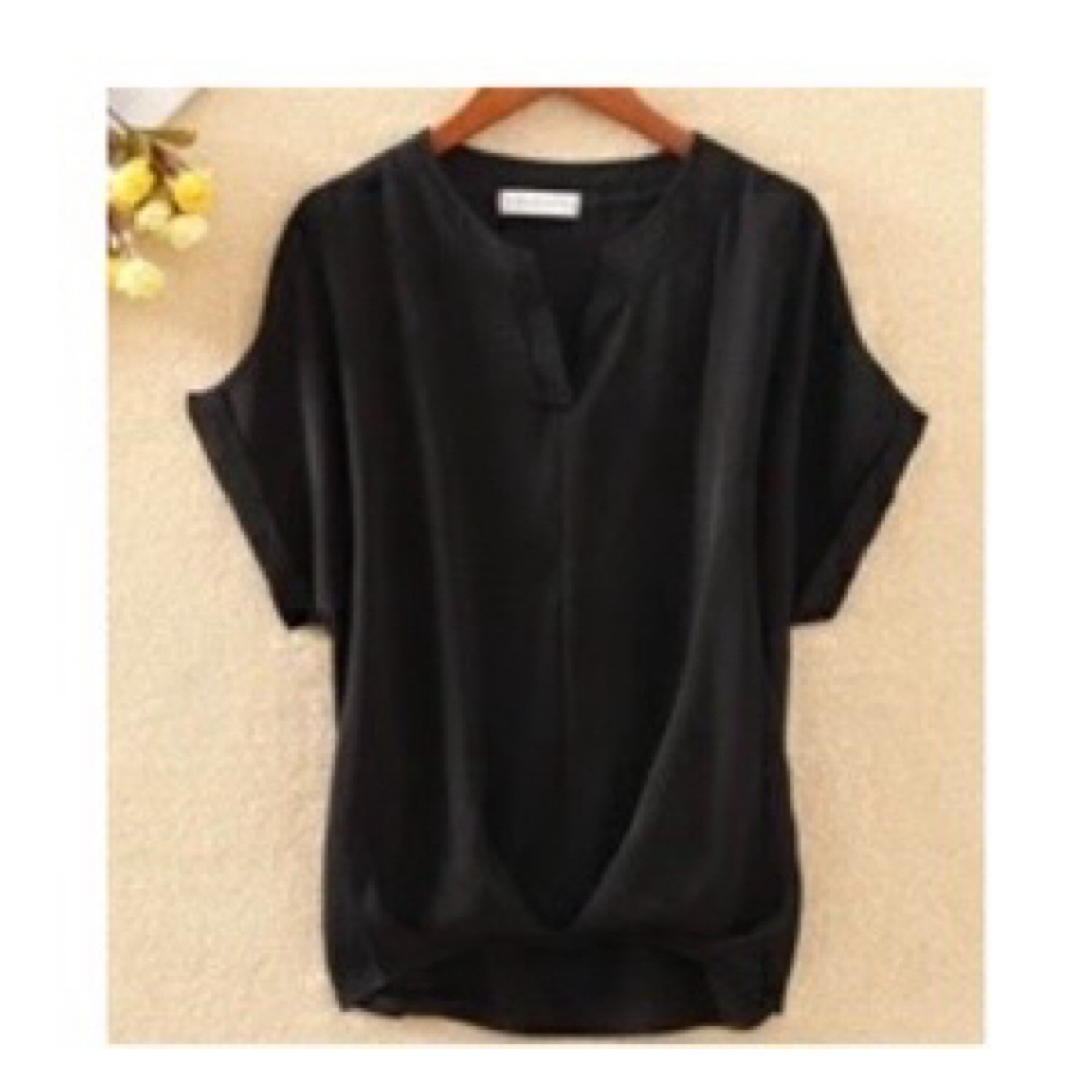 スキッパー シャツ 麻混 ブラウス ロールアップ 裾 タック 黒 レディースのトップス(シャツ/ブラウス(半袖/袖なし))の商品写真
