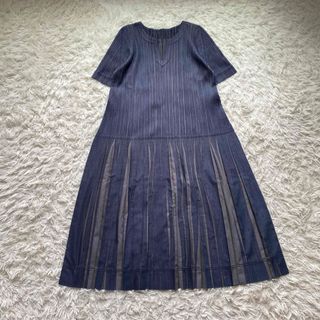 プリーツプリーズイッセイミヤケ(PLEATS PLEASE ISSEY MIYAKE)の美品✨プリーツプリーズ ワンピース 春福 プリーツ 夏服 デニム キーネック(ロングワンピース/マキシワンピース)