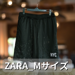 ザラ(ZARA)の⑭新品未使用 ZARA メッシュハーフパンツ NYCロゴプリント Mサイズ(ショートパンツ)