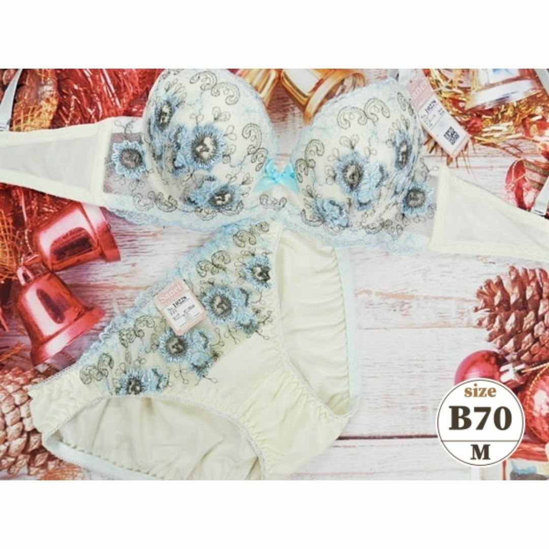c023 B70/M ブラ＆ショーツセット 下着 水色＆クリーム 花刺繍 リボン レディースの下着/アンダーウェア(ブラ&ショーツセット)の商品写真