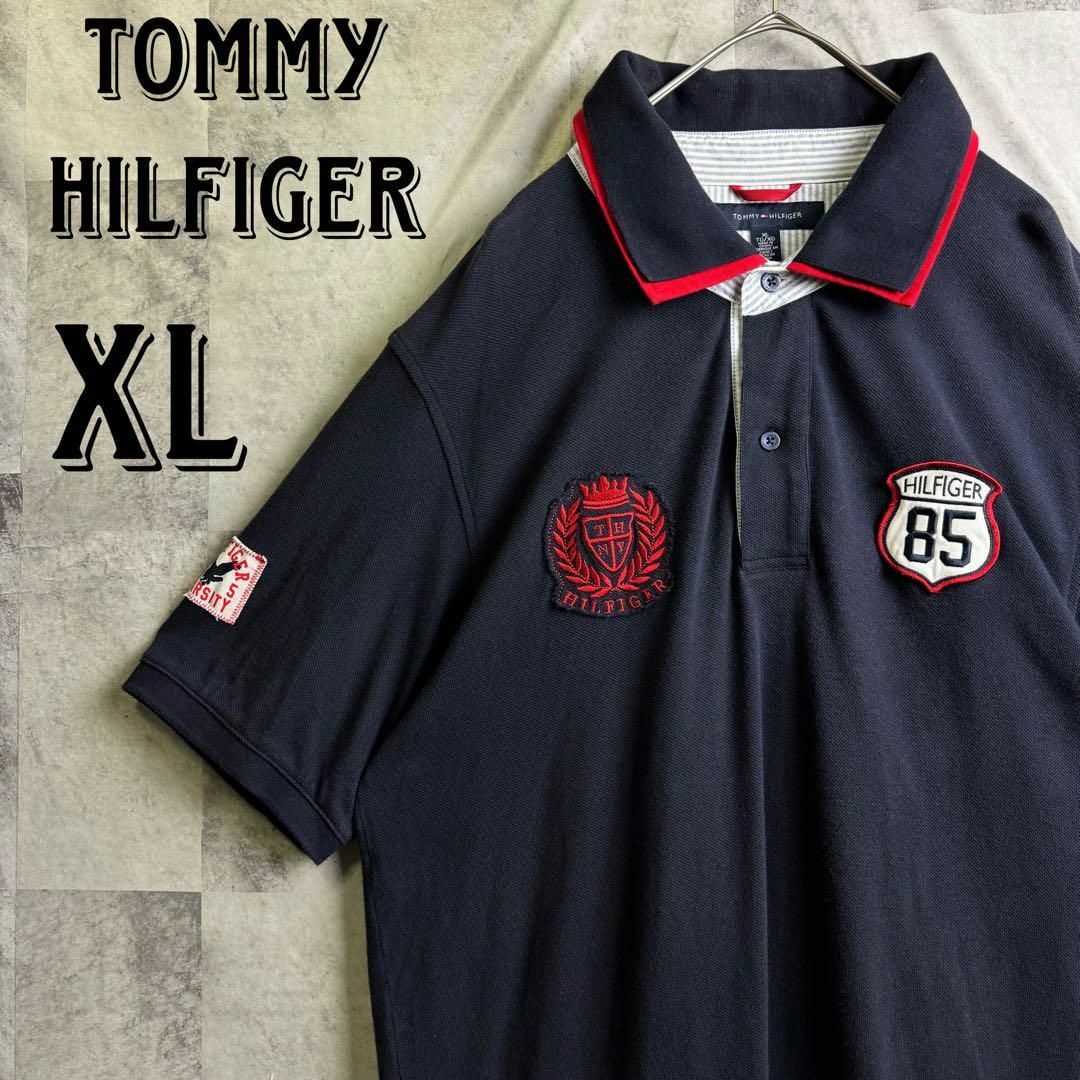TOMMY HILFIGER(トミーヒルフィガー)の美品 ビッグサイズ トミーヒルフィガー 鹿子ポロシャツ 半袖 刺繍ロゴ 紺 XL メンズのトップス(ポロシャツ)の商品写真