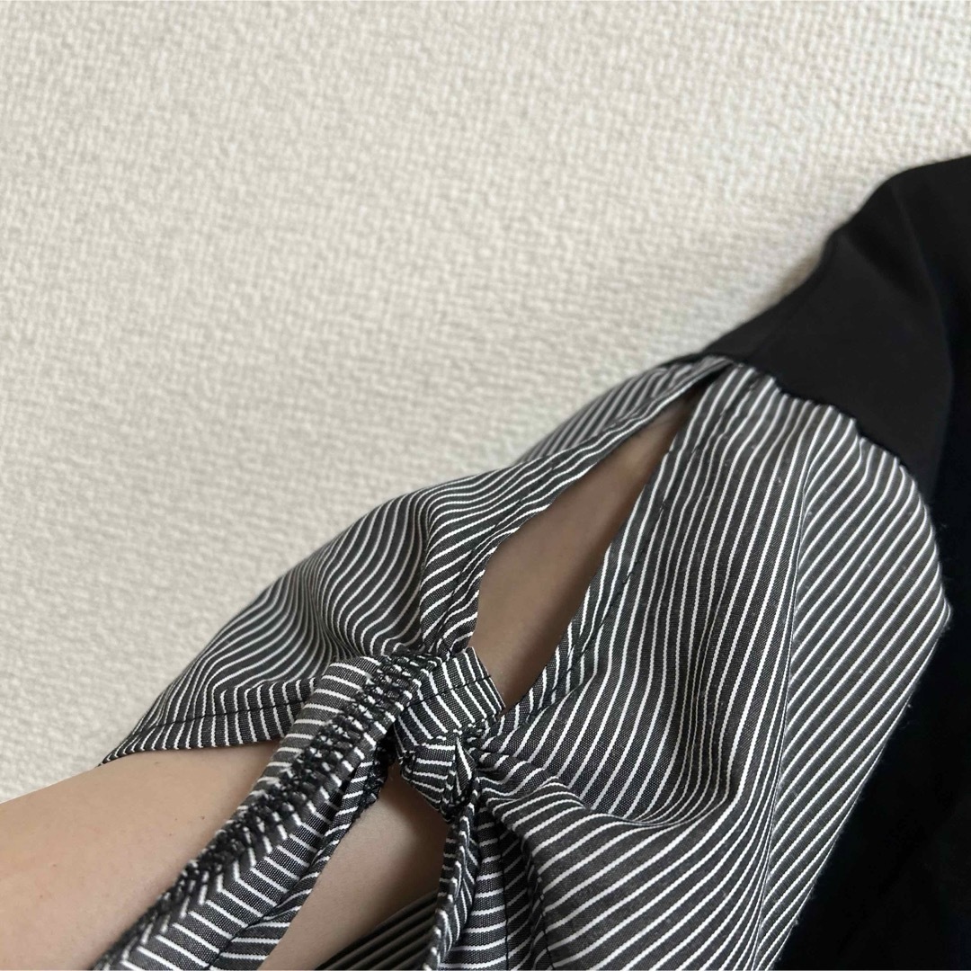 【格安】袖リボンストライプカットソー レディースのトップス(シャツ/ブラウス(半袖/袖なし))の商品写真