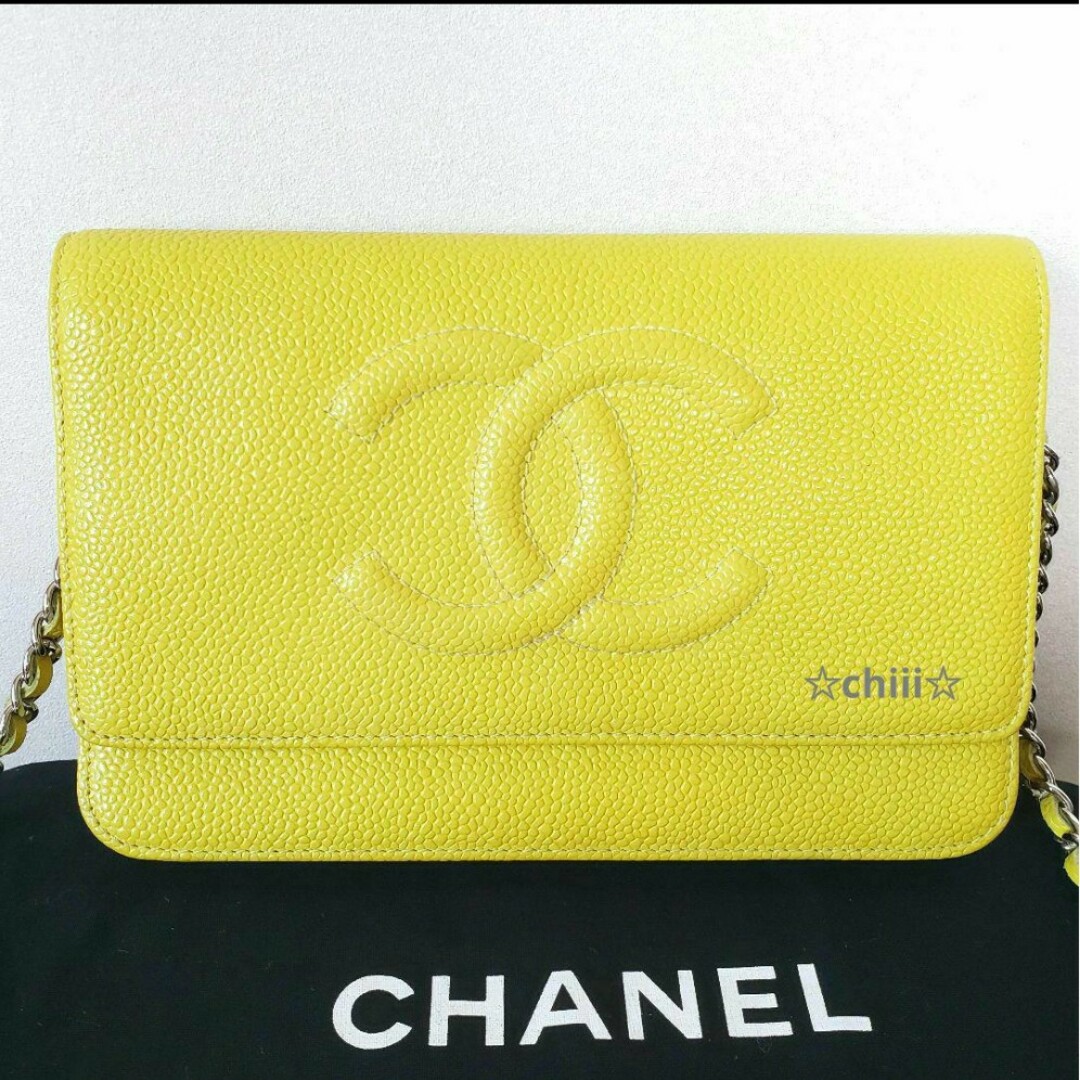 CHANEL(シャネル)のCHANEL キャビアスキン チェーンウォレット イエロー シャネル 財布 レディースのバッグ(ショルダーバッグ)の商品写真