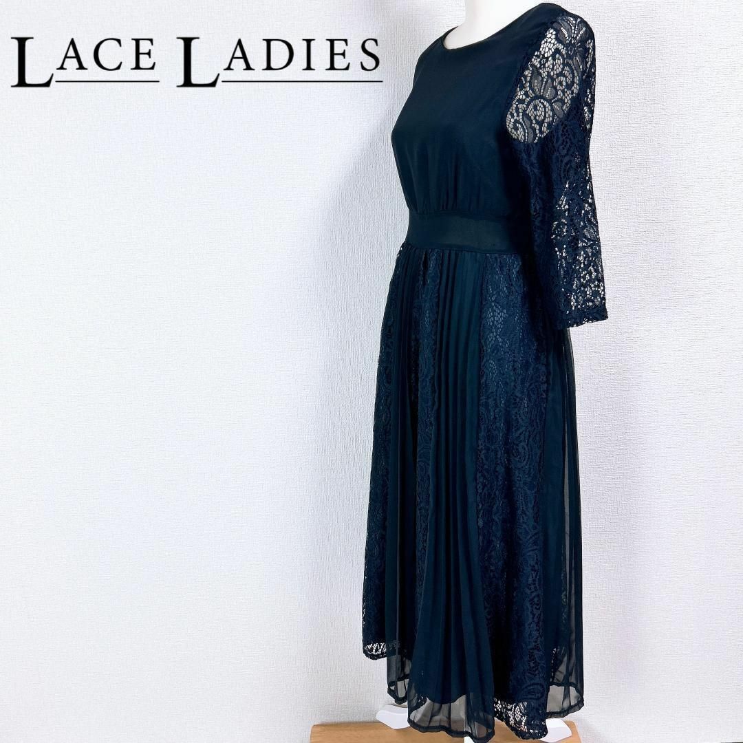 ●LACE LADIES フラワーレースプリーツワンピース ネイビー XL レディースのワンピース(その他)の商品写真