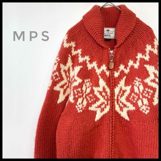 エムピーエス(MPS)のMPS ドライバーズニットセーター　オレンジ　ネイティブ柄　肉厚　ポケット付(ニット/セーター)