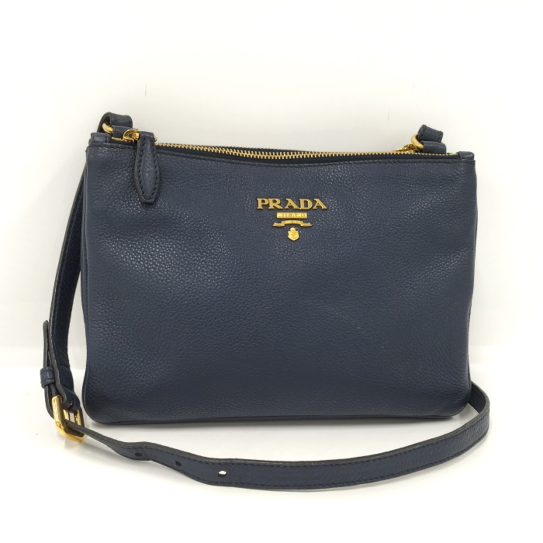 PRADA - PRADA ショルダーバッグ ダブルジップ レザー ネイビー PRADA - PRADA ショルダーバッグ ダブルジップ レザー ネイビー