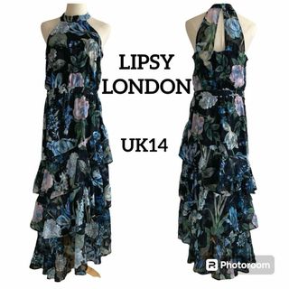 リプシー(Lipsy)のLIPSY   ホルターネックティアードワンピース　UK14サイズ　花柄(ロングワンピース/マキシワンピース)