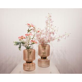 輸入品 フラワーベース ガラス 2個セット 造花付き 花瓶 雑貨(花瓶)