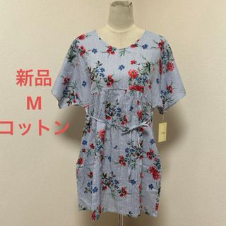 新品　ストライプ　フラワー　コットン　チュニック(チュニック)