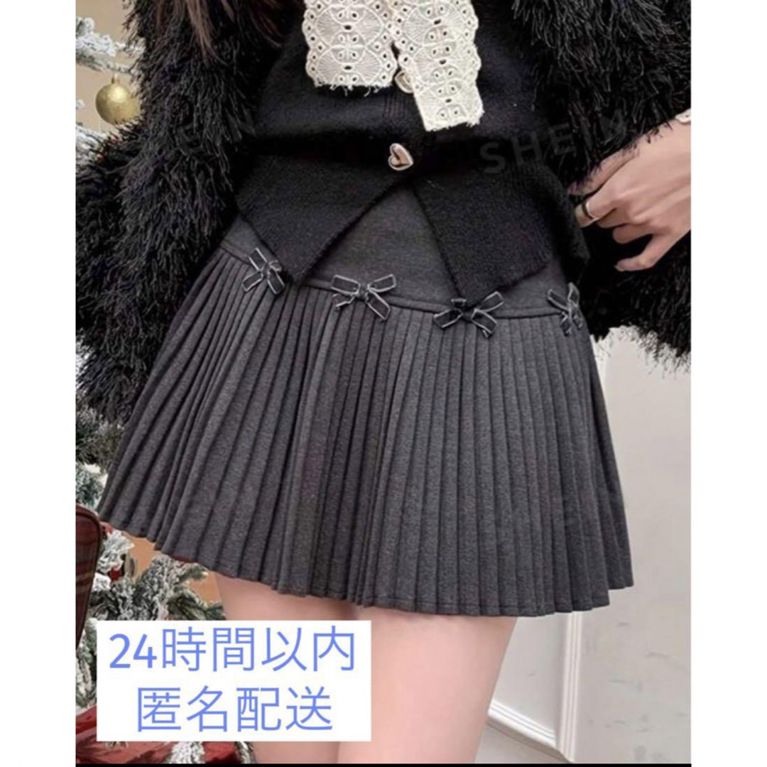 SHEIN(シーイン)のSHEIN シーイン プリーツスカート グレー リボン インパン付き 新品 レディースのスカート(ミニスカート)の商品写真