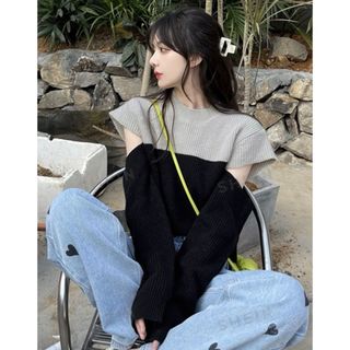 シーイン(SHEIN)の80.SHEIN.ツートンモックネックカットアウトディテールセーター.ニット(ニット/セーター)