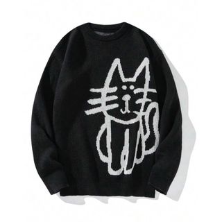 SHEIN - 85.SHEIN.猫パターンセーター.オーバーサイズニット.ブラック