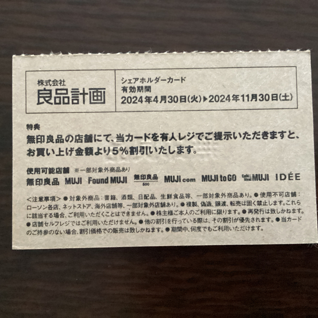 MUJI (無印良品)(ムジルシリョウヒン)の良品計画　株主優待権 チケットの優待券/割引券(ショッピング)の商品写真