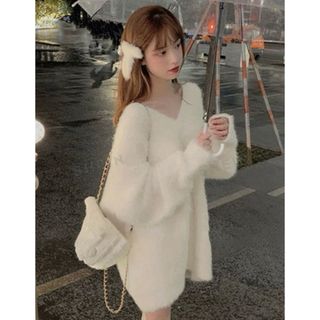 シーイン(SHEIN)の88.SHEIN.ドロップショルダーふわふわセーターワンピース.ニットワンピ(ひざ丈ワンピース)