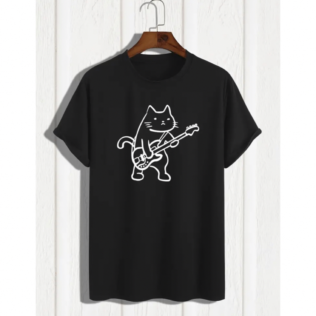 猫柄　半袖Tシャツ　ロック猫　ギターを弾く猫　ブラック メンズのトップス(Tシャツ/カットソー(半袖/袖なし))の商品写真