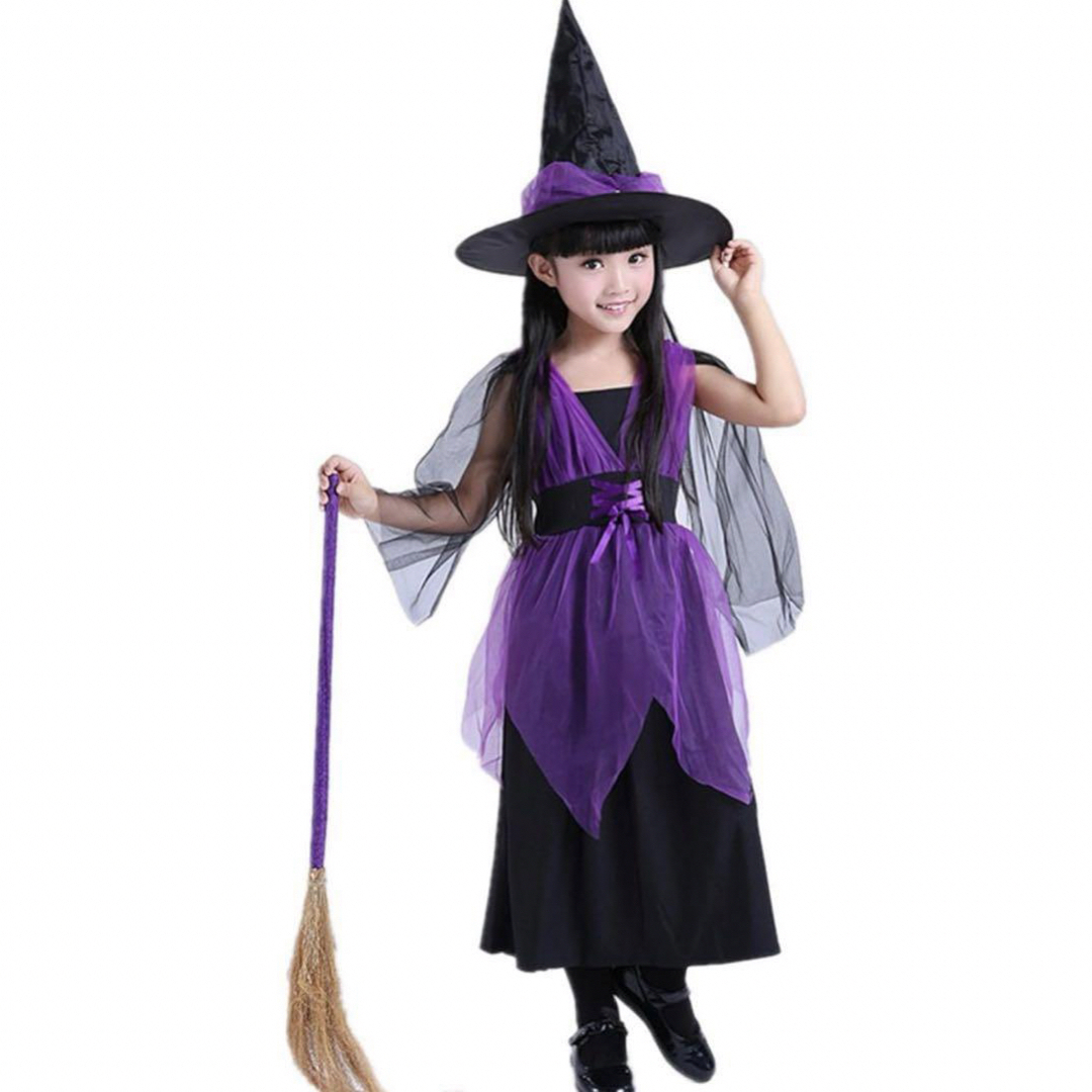 ハロウィン コスプレ 女の子 110 魔女 魔法 衣装 帽子 帚 3点セット キッズ/ベビー/マタニティのキッズ服女の子用(90cm~)(その他)の商品写真