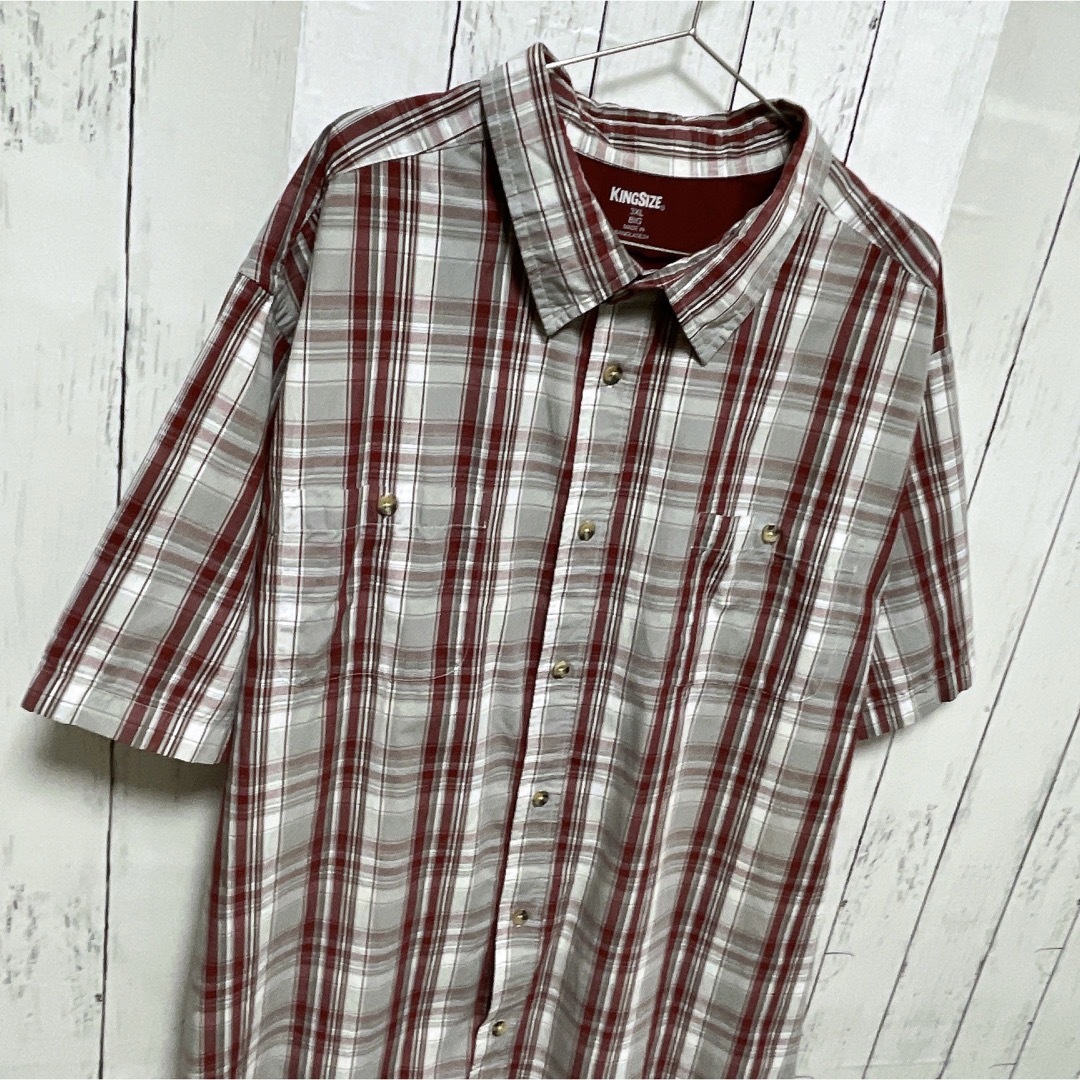 shirts(シャツ)のKINGSIZE　半袖シャツ　3XL　チェック柄　グレー　ワインレッド　古着 メンズのトップス(シャツ)の商品写真