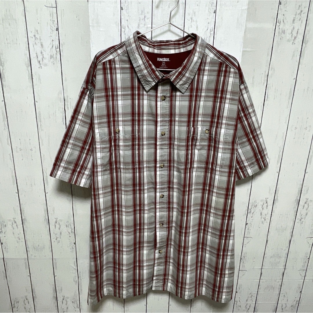 shirts(シャツ)のKINGSIZE　半袖シャツ　3XL　チェック柄　グレー　ワインレッド　古着 メンズのトップス(シャツ)の商品写真