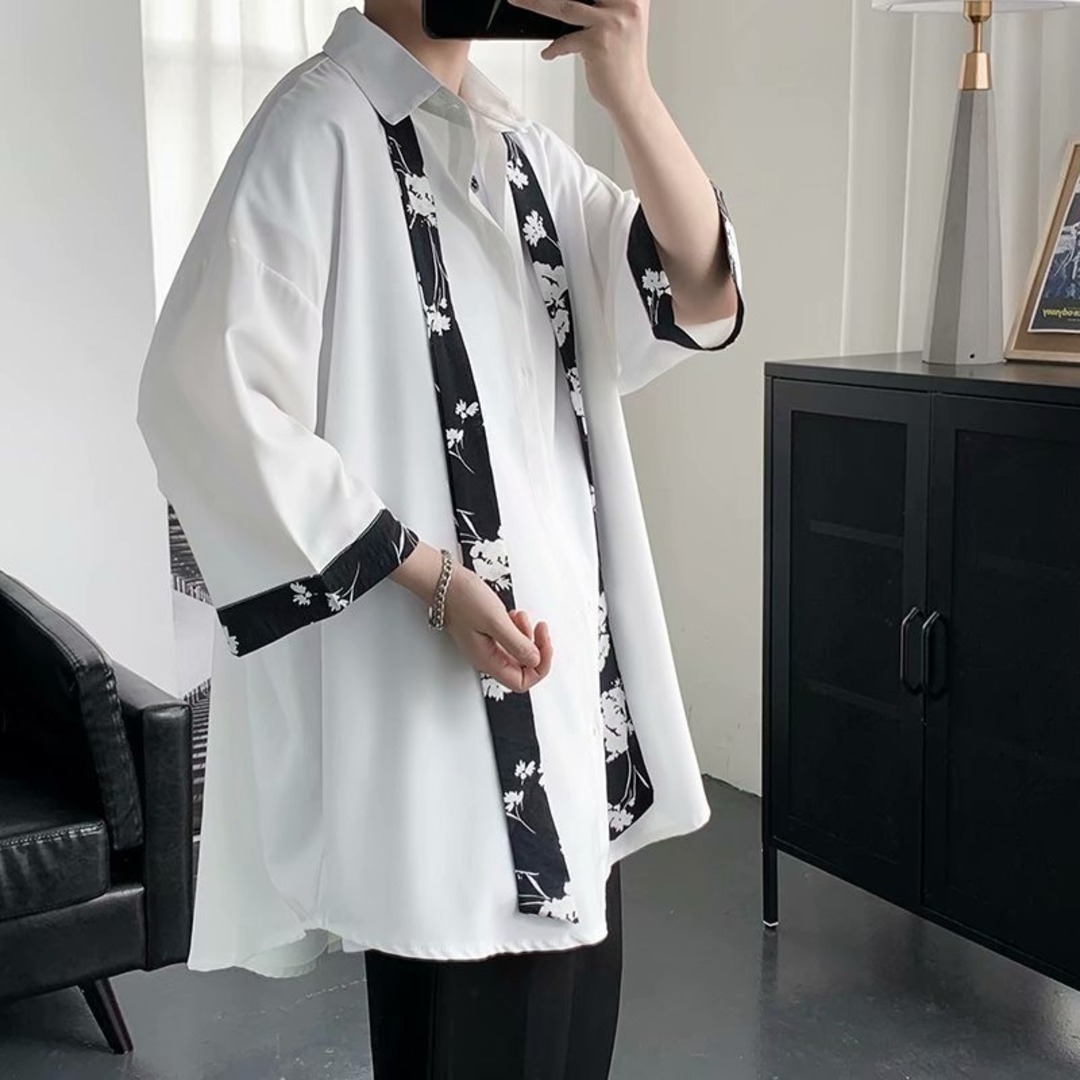 【在庫限り】メンズ　ネクタイ　ロンT　シャツ　XL　白　韓国　七分袖　羽織　薄手 メンズのトップス(Tシャツ/カットソー(七分/長袖))の商品写真