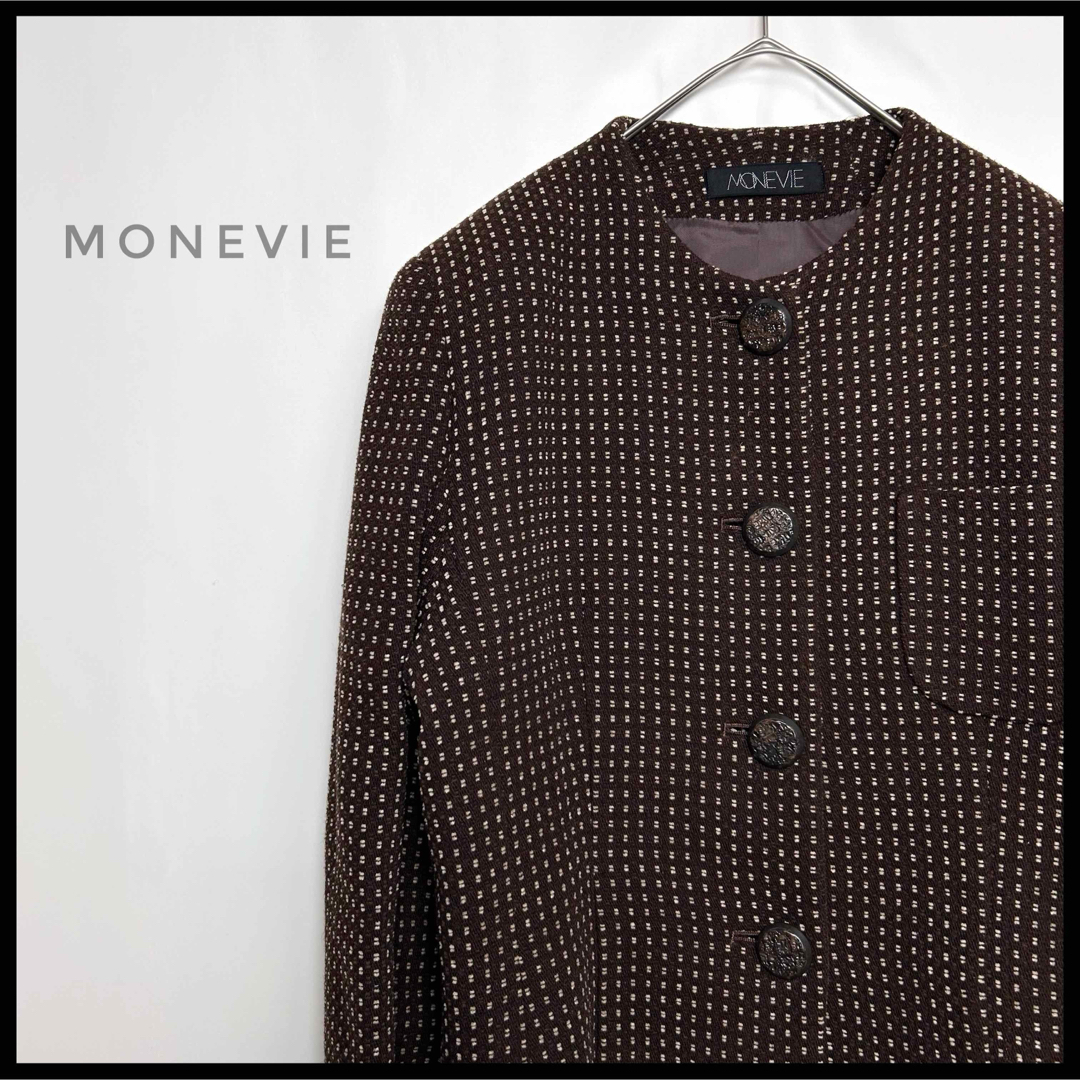 MONEVIE ノーカラージャケットブルゾン　ブラウン　ツイードジャケット　総柄 レディースのジャケット/アウター(ノーカラージャケット)の商品写真