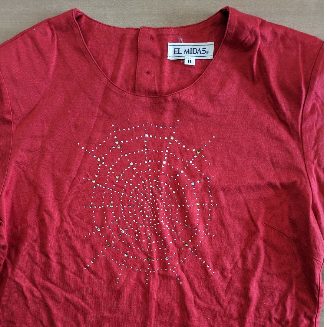 MIDAS スパンコール付赤の七分袖Tシャツ11号 レディースのトップス(Tシャツ(長袖/七分))の商品写真