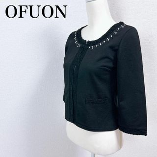 OFUON - ●OFUON オフオン カーディガン ネックビジュー レース ブラック