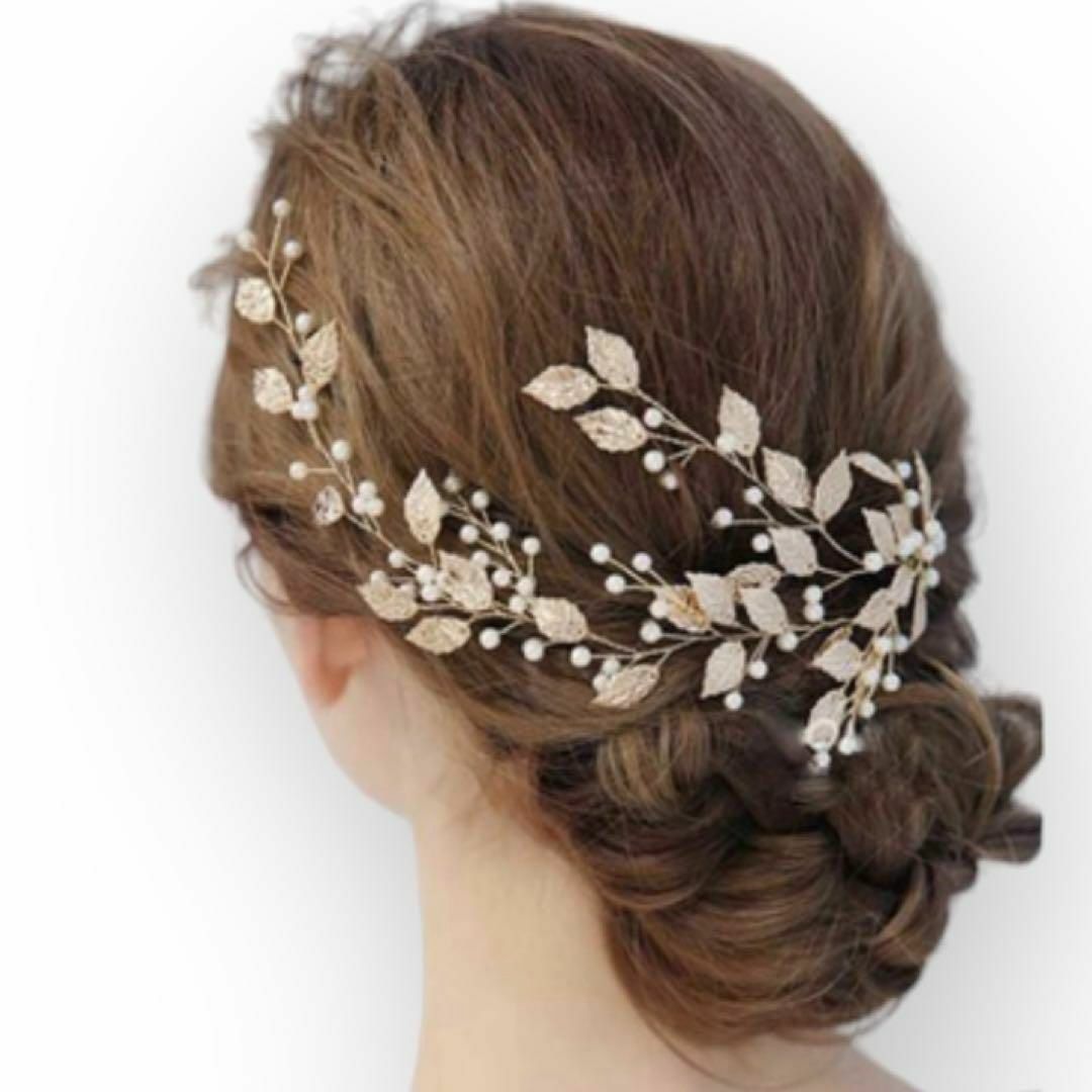 新品　結婚式 ヘッドドレス フラワーパール  ゴールド 髪飾り　アクセサリー レディースのヘアアクセサリー(その他)の商品写真