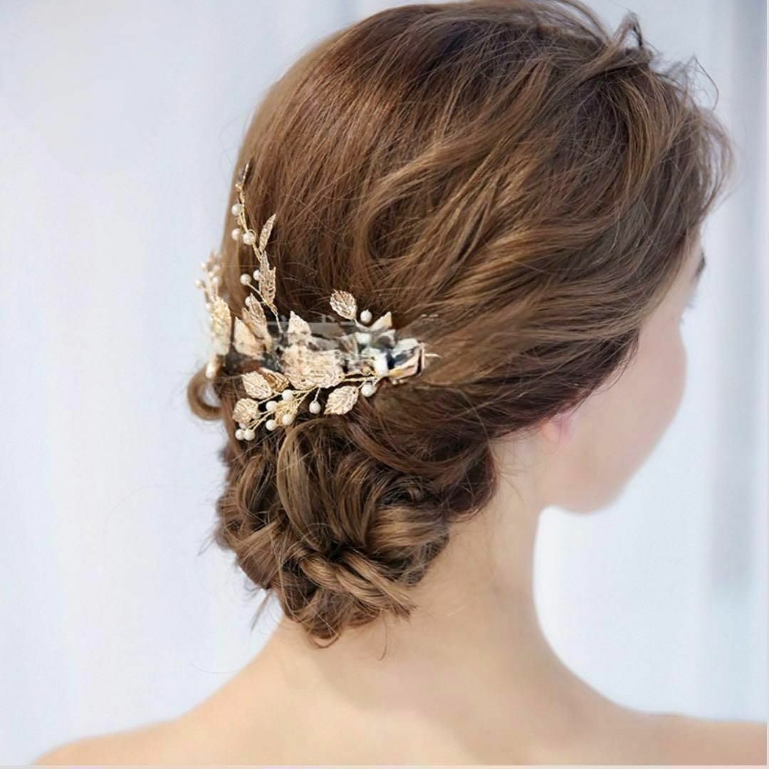 新品　結婚式 ヘッドドレス フラワーパール  ゴールド 髪飾り　アクセサリー レディースのヘアアクセサリー(その他)の商品写真