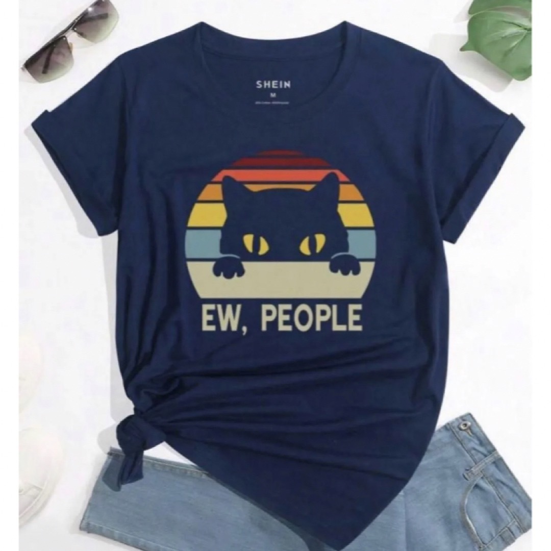 猫柄　半袖Tシャツ　ネイビー レディースのトップス(Tシャツ(半袖/袖なし))の商品写真