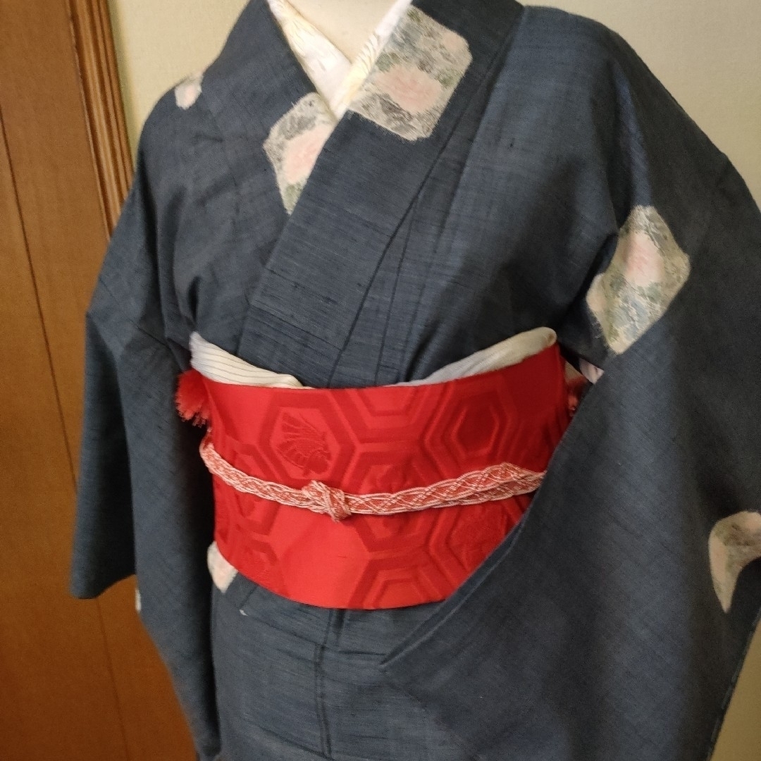 正絹　紬　単衣　帯とセット レディースの水着/浴衣(着物)の商品写真