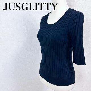 JUSGLITTY - ●JUSGLITTY ジャスグリッティー リブニット 5分袖 ネイビー サイズ2
