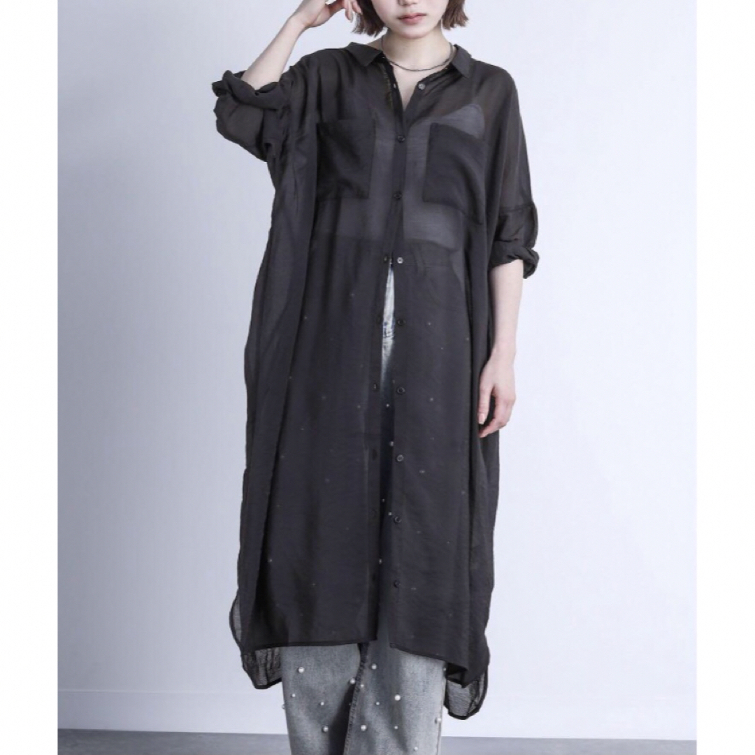 n'OrLABEL シアーシャツ　ワンピース　黒　シンプル　シースルー レディースのワンピース(ロングワンピース/マキシワンピース)の商品写真