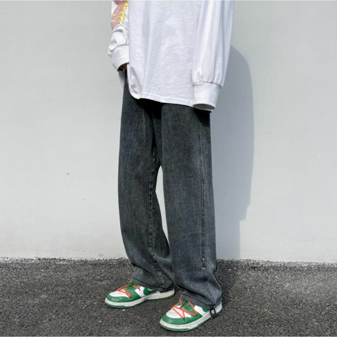 ワイド デニム ストレート ジーンズ XL ロールアップ 韓国 ブラック メンズのパンツ(デニム/ジーンズ)の商品写真