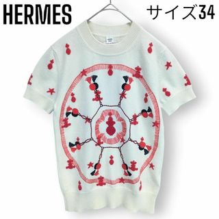 Hermes - 【美品】エルメス カシミヤ100％ 刺繍 半袖 ニット セーター 総柄 トップス