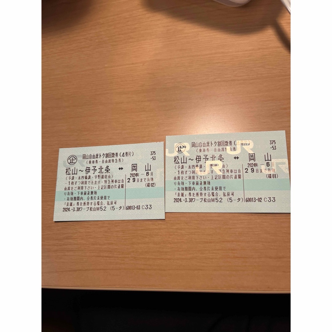 岡山駅〜伊予北条・松山駅 しおかぜ自由席 回数券1往復分 チケットの乗車券/交通券(鉄道乗車券)の商品写真