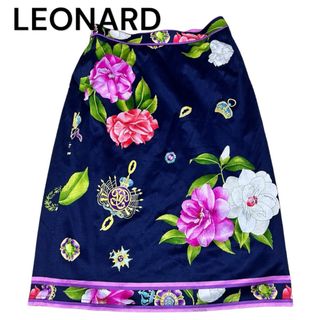 LEONARD - 美品　レオナール　スカート　花柄　椿　トリム　ネイビー　エレガント