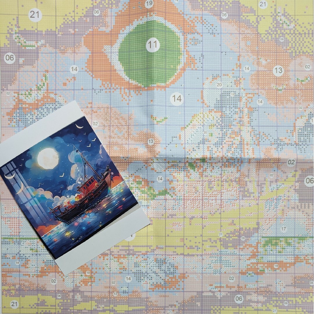 クロスステッチキット 満月の船旅 (11CT、図案印刷あり) ハンドメイドの素材/材料(生地/糸)の商品写真