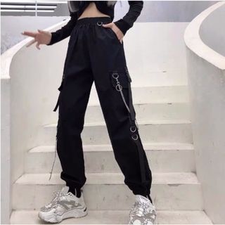 【再入荷♪】XL　黒　韓国　ハイウエスト　チェーン　ストリートパンツ　ダンス(ワークパンツ/カーゴパンツ)