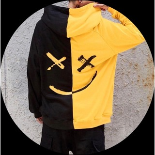 【Lサイズ】黒×黄　スマイリー　オーバーサイズ　フェイスパーカー　長袖(パーカー)