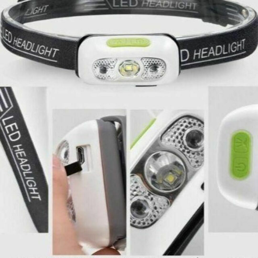 ヘッドライト LED ホワイト色 USB充電式 センサーON/OFF機能 防災 スポーツ/アウトドアのアウトドア(ライト/ランタン)の商品写真