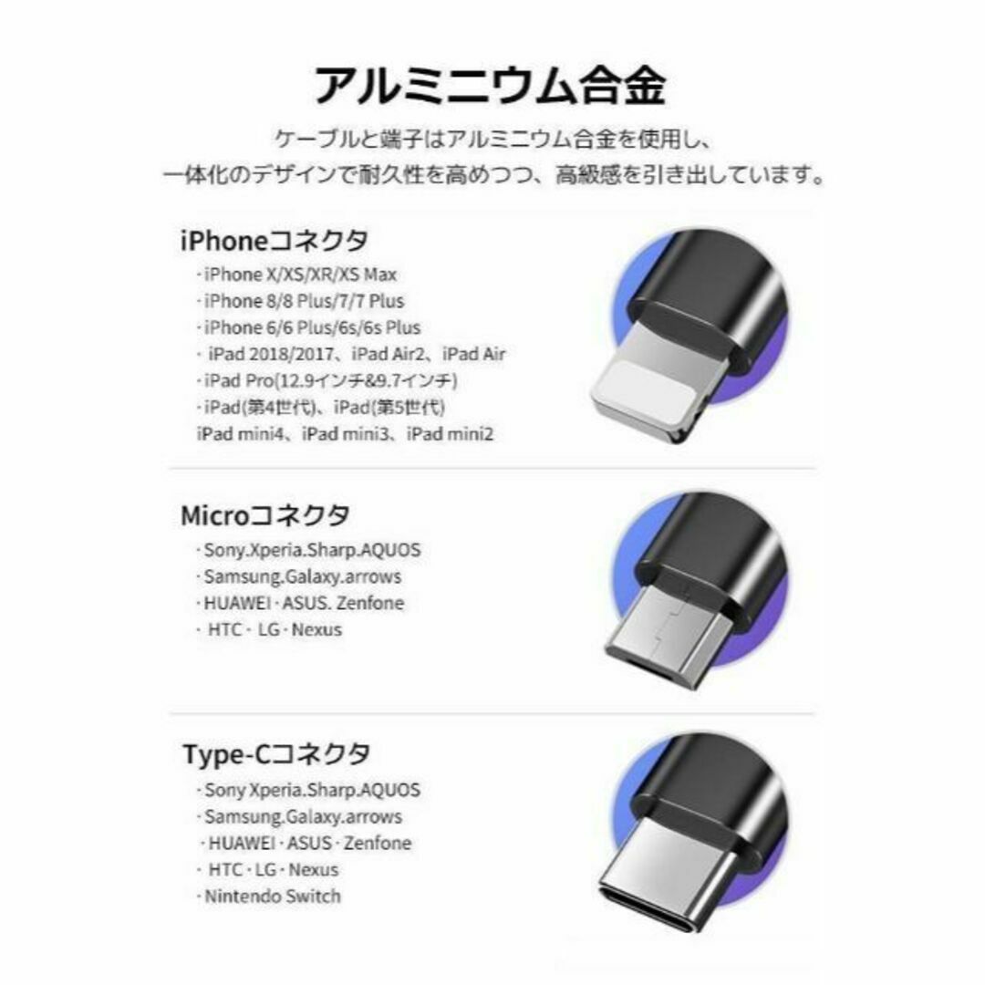 iPhone 充電ケーブル ライトニングケーブル タイプc マイクロUSB スマホ/家電/カメラのスマホアクセサリー(その他)の商品写真